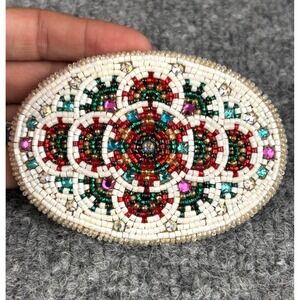 Vintage Handmade Beaded Oval Belt Buckle Leather Back Western Boho